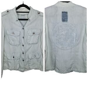 DA-NANG Linen Military Shirt Jacket Army Y2K Embroidered Dragon M Epaulets Boho